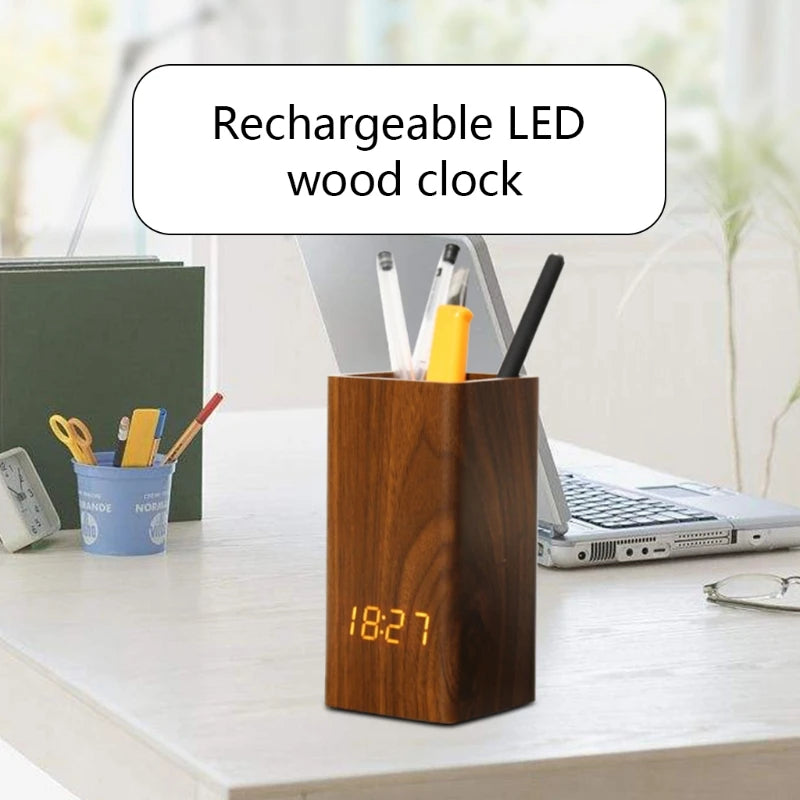 Voice Control Digital Wooden Pen Holder with Alarm Clock Creative Student Desktop USB/Battery Operated LED Pencil Organizer
