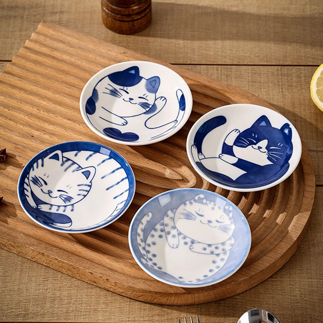 New Shallow/Deep Cat Sauce Dish Set Of 4pcs Ceramic Soy Sauce Seasoning Household Dip Dish Sushi Sauce Snack Dish Tableware