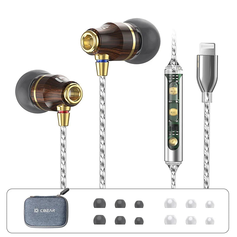 KBEAR KW1 Wired pear Wood in Ear HIFI Hi-res Earbuds Monitor Headphones TypeC 3.5mm for iPhone Lightning