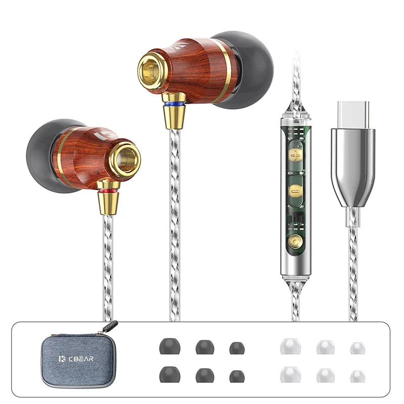 KBEAR KW1 Wired pear Wood in Ear HIFI Hi-res Earbuds Monitor Headphones TypeC 3.5mm for iPhone Lightning