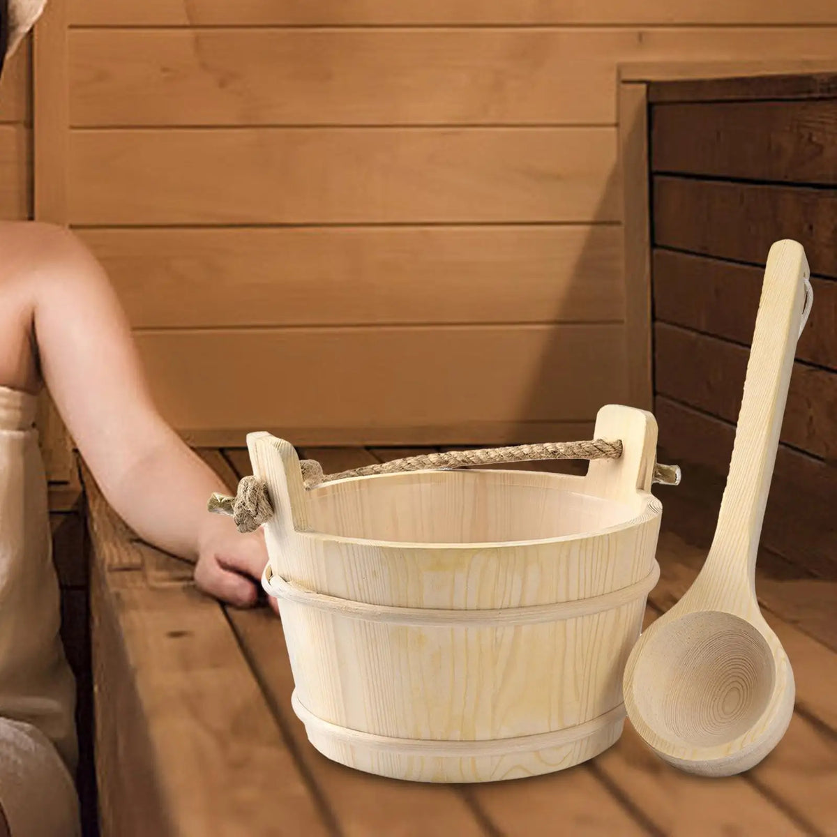 Wood Sauna Bucket and Ladle SPA Steaming Bathroom Tool Tub Barrel Multipurpose 4L Large Capacity, SPA Accessory for Bath