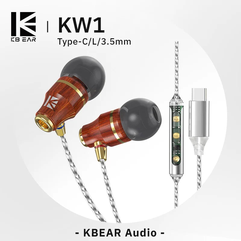 KBEAR KW1 Wired pear Wood in Ear HIFI Hi-res Earbuds Monitor Headphones TypeC 3.5mm for iPhone Lightning