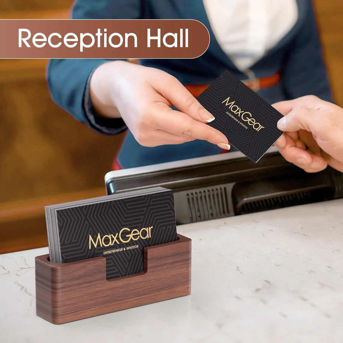 Business Card Holder Wood Business Card Display Holder Desktop Business Card Stand for Office,Tabletop - Rectangle for Desk
