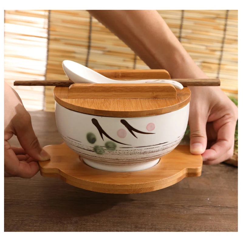 Japanese Ceramic Ramen Bowl with Lid, Large Noodles Fruit Soup Bowls, Kitchen Tableware, Bring Wooden Spoon, Chopstick