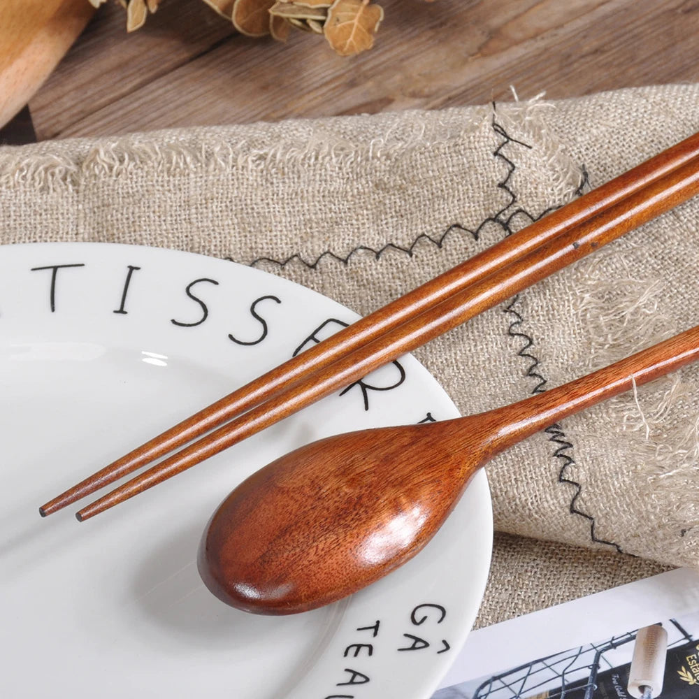 Japanese Wooden Tableware Set Portable Chopsticks Spoon Cutlery Set Travel Dinnerware Suit 1 Pairs Chopstick +1 Spoons New