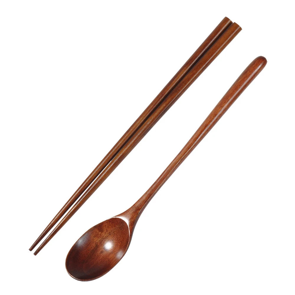 Japanese Wooden Tableware Set Portable Chopsticks Spoon Cutlery Set Travel Dinnerware Suit 1 Pairs Chopstick +1 Spoons New