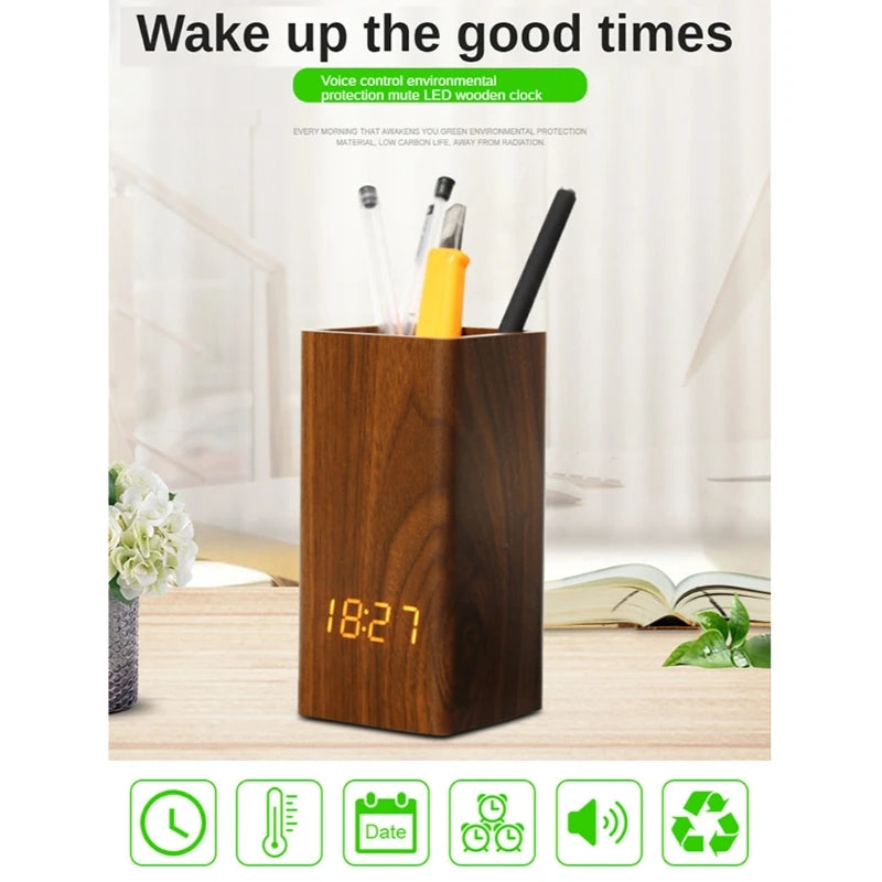 Voice Control Digital Wooden Pen Holder with Alarm Clock Creative Student Desktop USB/Battery Operated LED Pencil Organizer