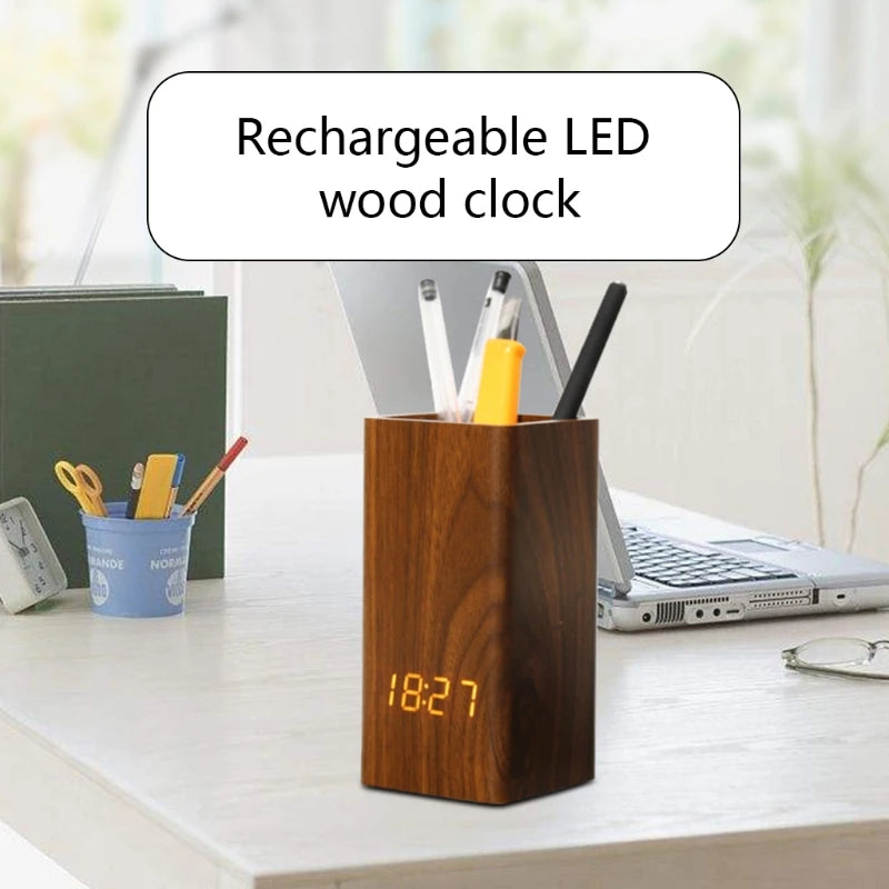 Voice Control Digital Wooden Pen Holder with Alarm Clock Creative Student Desktop USB/Battery Operated LED Pencil Organizer