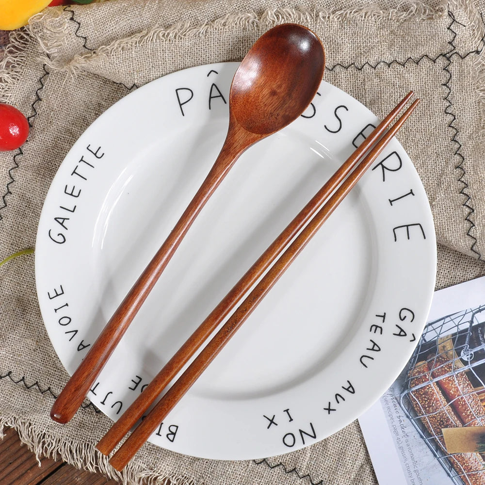 Japanese Wooden Tableware Set Portable Chopsticks Spoon Cutlery Set Travel Dinnerware Suit 1 Pairs Chopstick +1 Spoons New