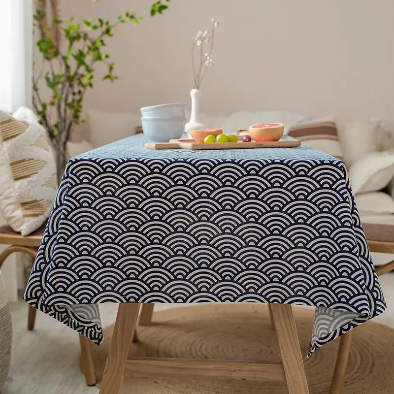 Japanese Style Cotton Linen Tablecloth Washable Rectangular Blue Sea Ripple Home Coffee Dining Table Fireplace Microwave Cover