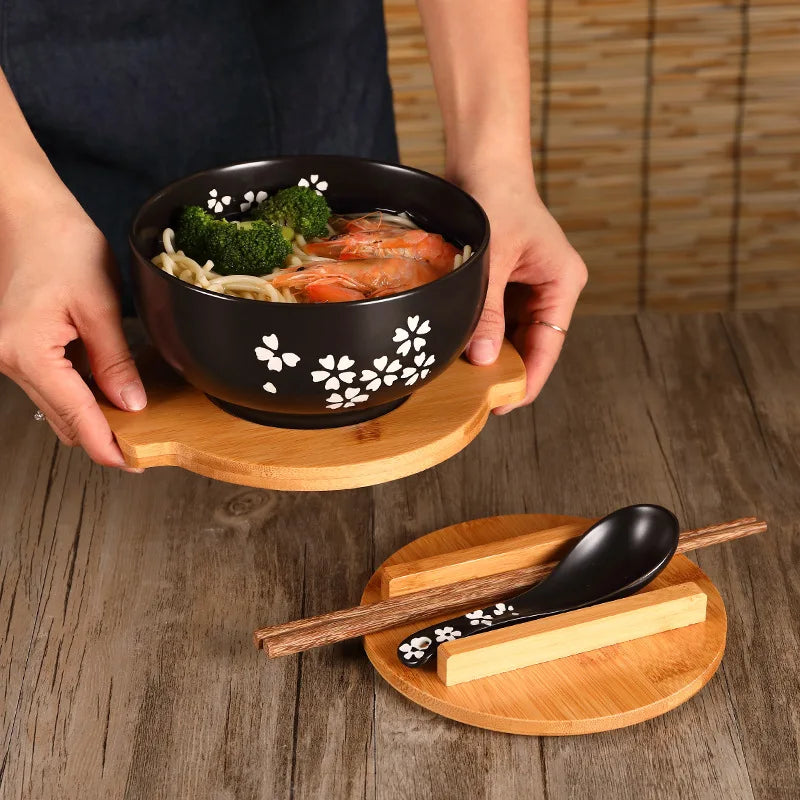 Japanese Ceramic Ramen Bowl with Lid, Large Noodles Fruit Soup Bowls, Kitchen Tableware, Bring Wooden Spoon, Chopstick