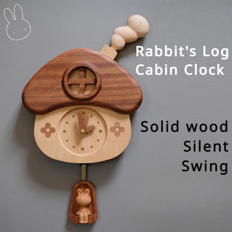 Cute Kids Room Wall Clock Wooden Mushroom House Rabbit Swing Clock Home Decor Solid Wood Mute Room Living Room Wall Decoration