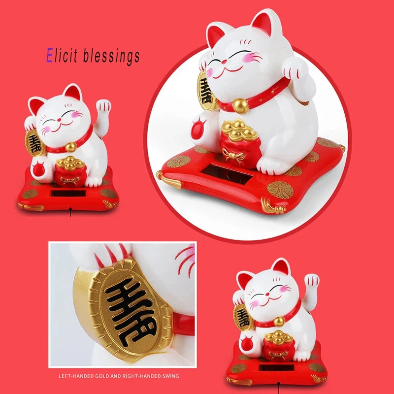 1pc Lucky Cat Solar Powered Maneki Neko Hand Waving Fortune Cat Figurines Home Office Car Holiday Seasonal New Year Decor