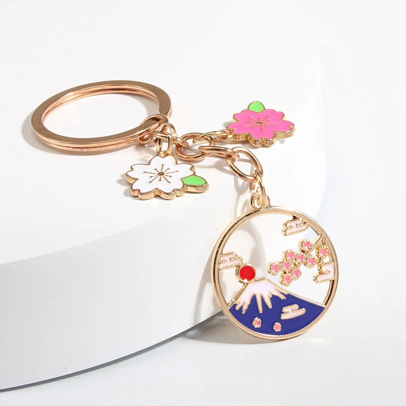 Cartoon Keychain Japan Fuji Mountain Sakura Flower Key Ring Enamel Key Chains Souvenir Gifts For Women Men DIY Handmade Jewelry