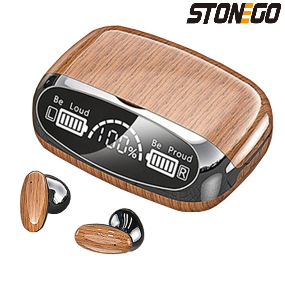 STONEGO TWS Wireless Bluetooth 5.2 Wood Grain Sport Headphones HD Mirror LED Display Touch Stereo Headset