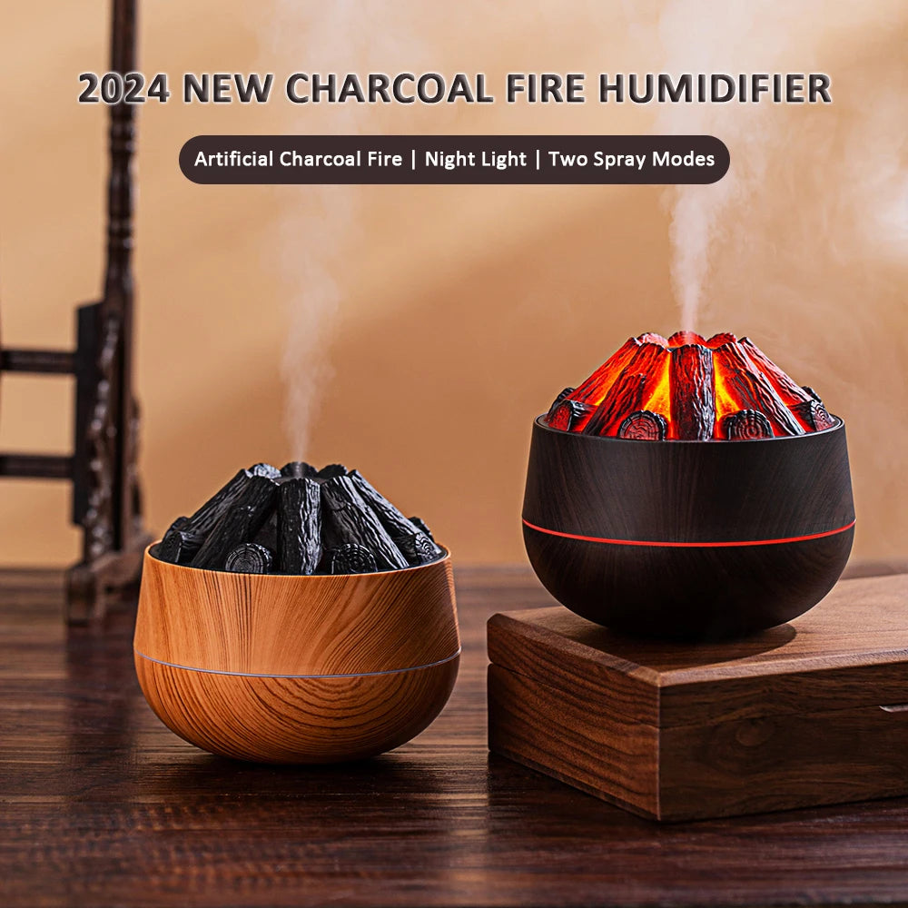 2024 New 300ML Artificial Charcoal Fire Air Humidifier Aroma Diffuser Mist Sprayer Mini Diffuser with Night Light for Home