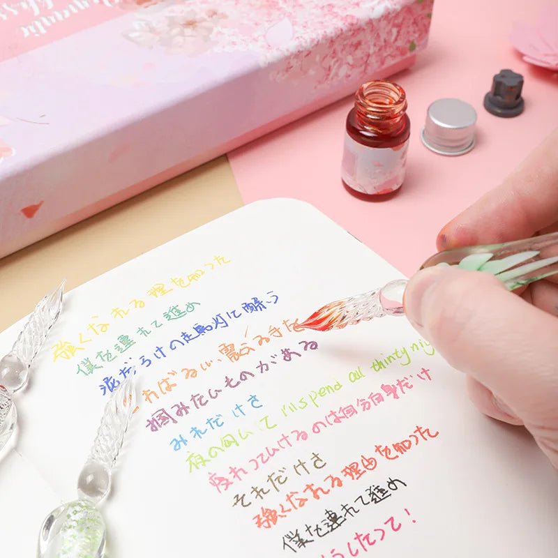 Bview Art Glass pen dip pen cherry blossom color ink signature pen student gift stationery fountain pen dip ink gift set