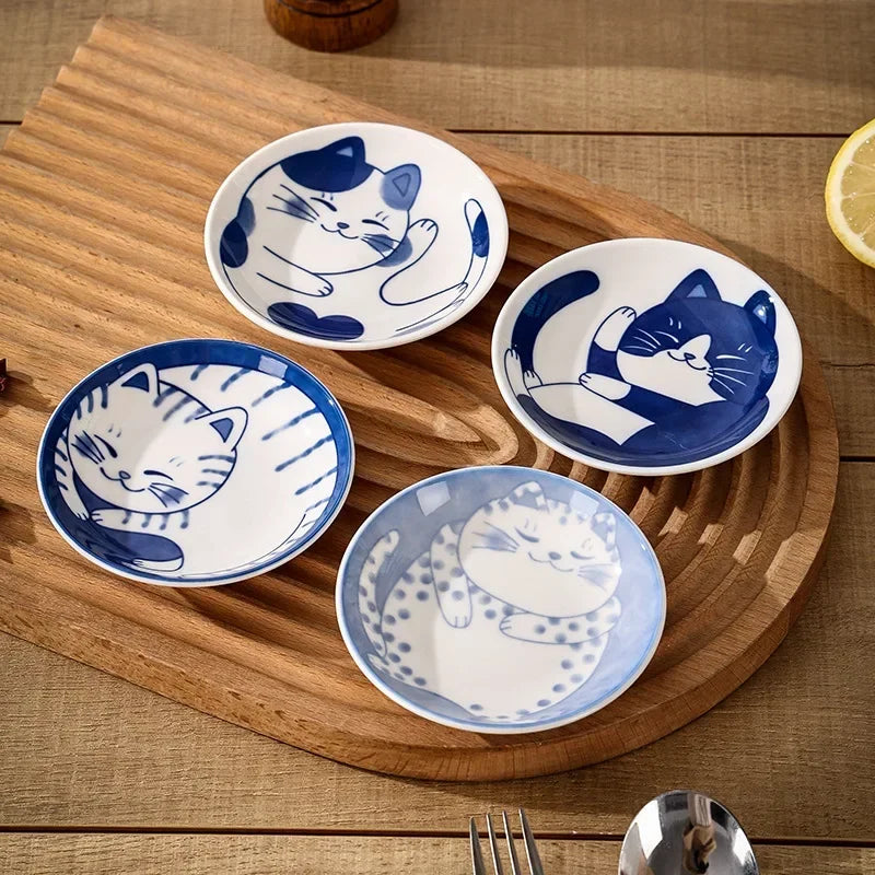 4pcs Ceramic Sauce Dishes Sushi Plate Tableware Japanese Style Dessert Creative Cute Cartoon Lucky Cat Pattern Spice Plate