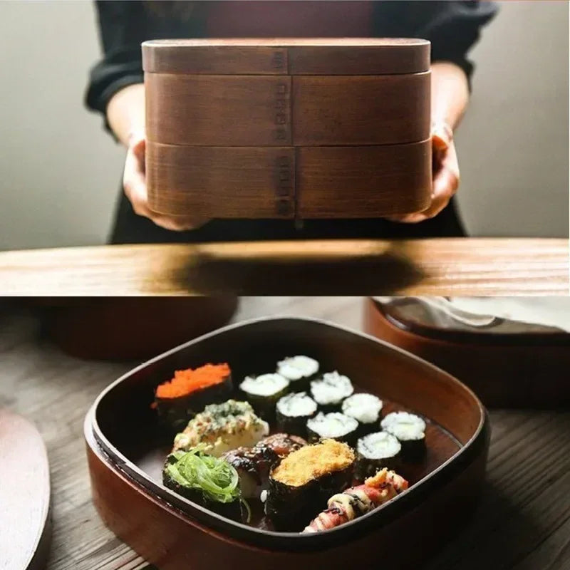 Japanese Wooden Lunch Box Picnic Bento Box Student Lunchbox Double Layer with Spoon Fork Tableware Set Sushi Food Container