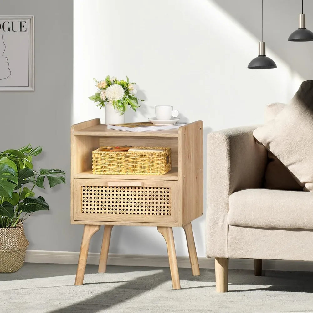 Rattan Nightstands with Wood Legs