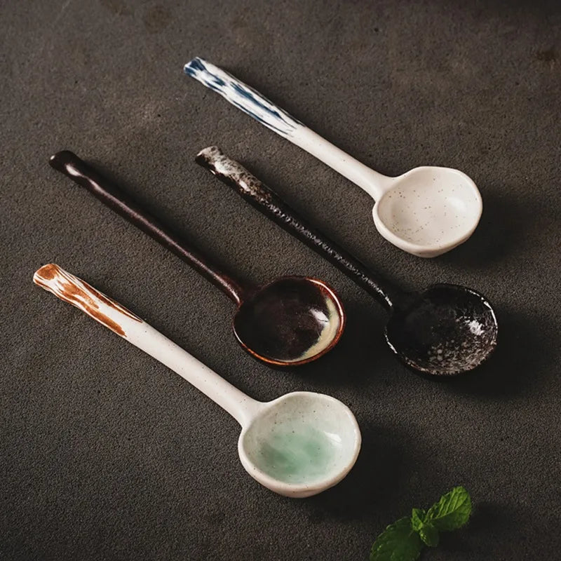 1pcs Japanese Ceramic Spoon Creative Long Handle Stoneware Spoon Household Dessert Tea Coffee Small Soup Spoon Kitchen Tableware