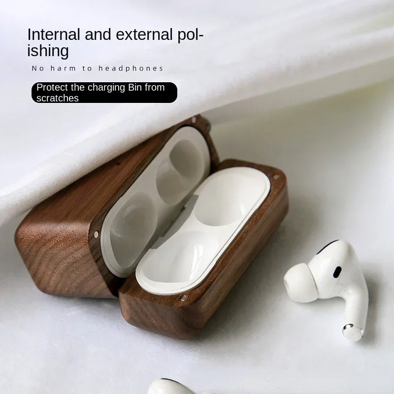 Luxury Solid Wood Earphone Case For AirPods Pro 2 Protective Cover For AirPods 1/2/3/4 Gen Shell+Wrist Strap Cowhide Lanyard