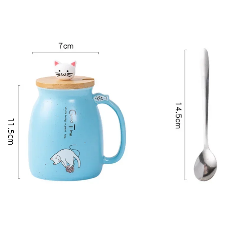 Cute Cartoon Ceramic Cup Japanese Coffee Mug with Wooden Lid and Spoon Iced Yogurt Smoothie Juice Cup Heat-resistant Water Mug