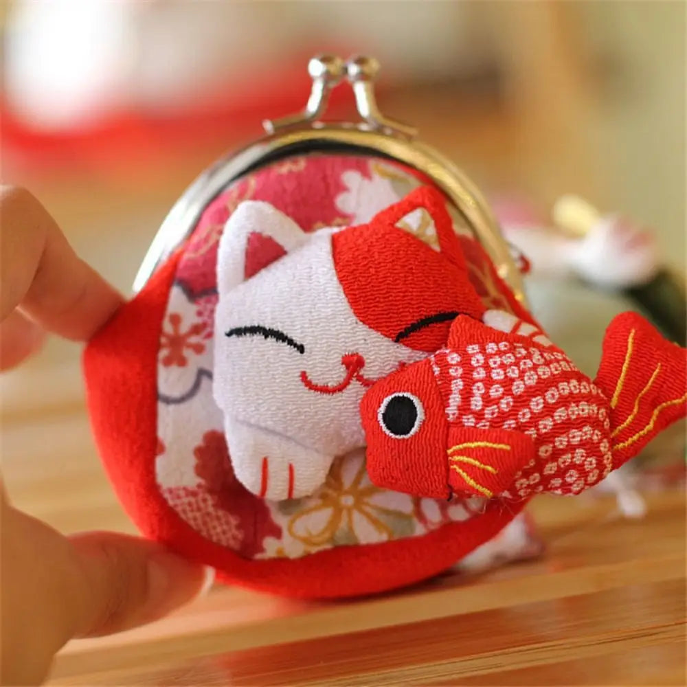 Cute Children's Purse Handmade Flower Printing Japanese Lucky Cat Coin Purse Girl Travel Outdoor Fashion Design Birthday Gift