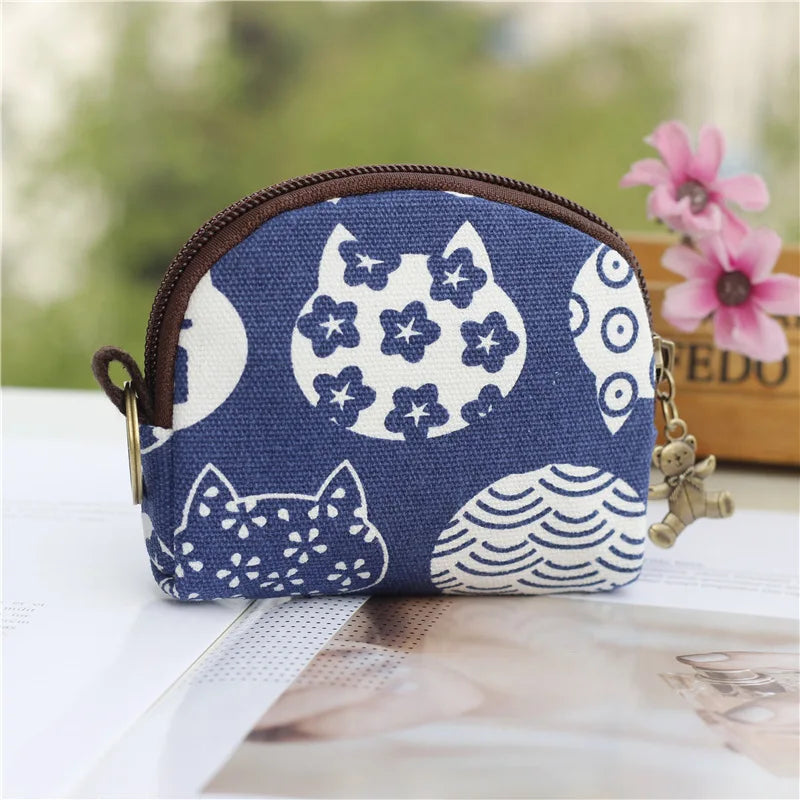 Women's Canvas Cartoon Prints Keychain Wallet Small Card Organizer Key Pouch Ladies Money Bag Coin Purse for Children Girls Boys