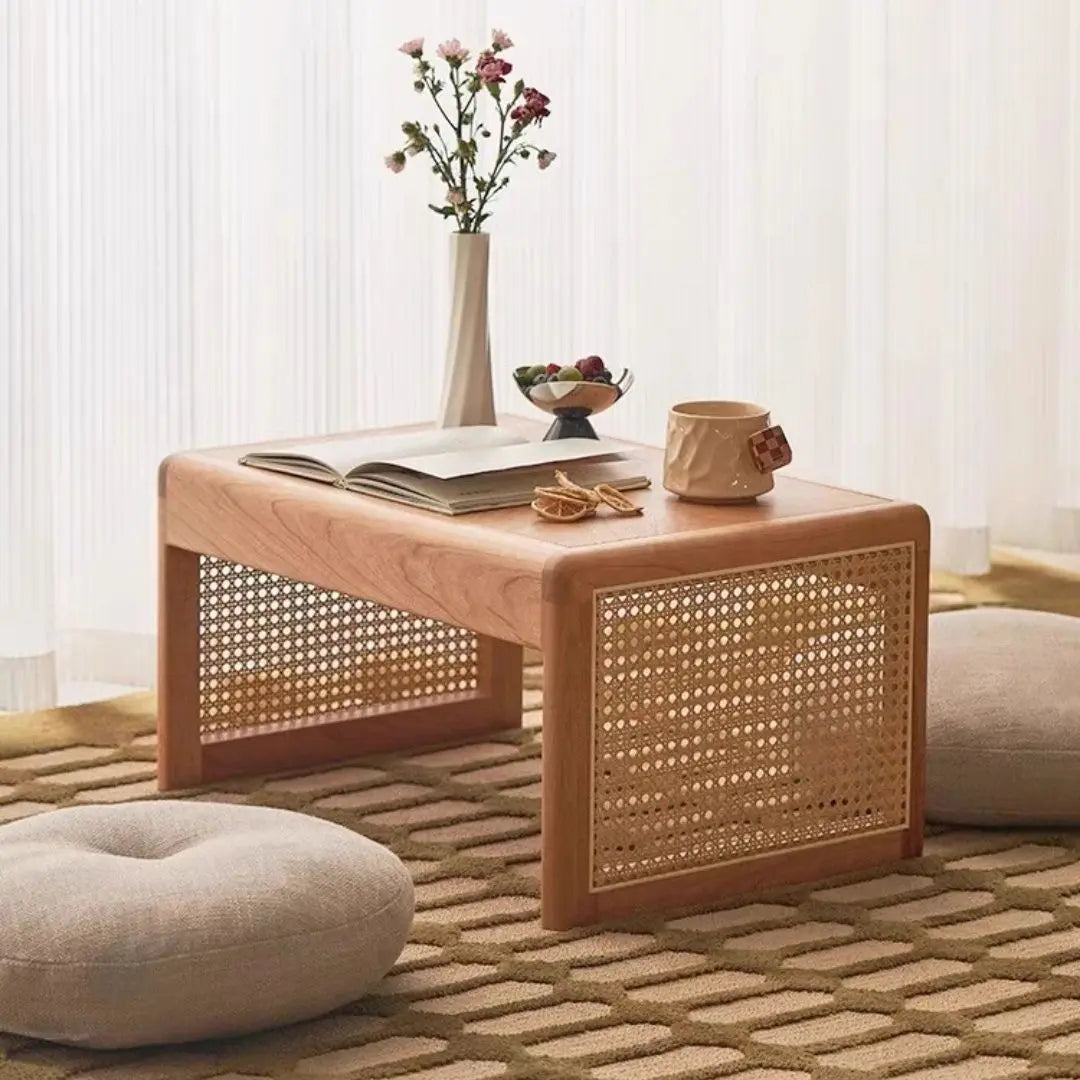 Mid-retro Japanese Style Solid Wood Rattan Tea Drinking Small Low Table Side Table Living Room Bedroom Bay Window Leisure