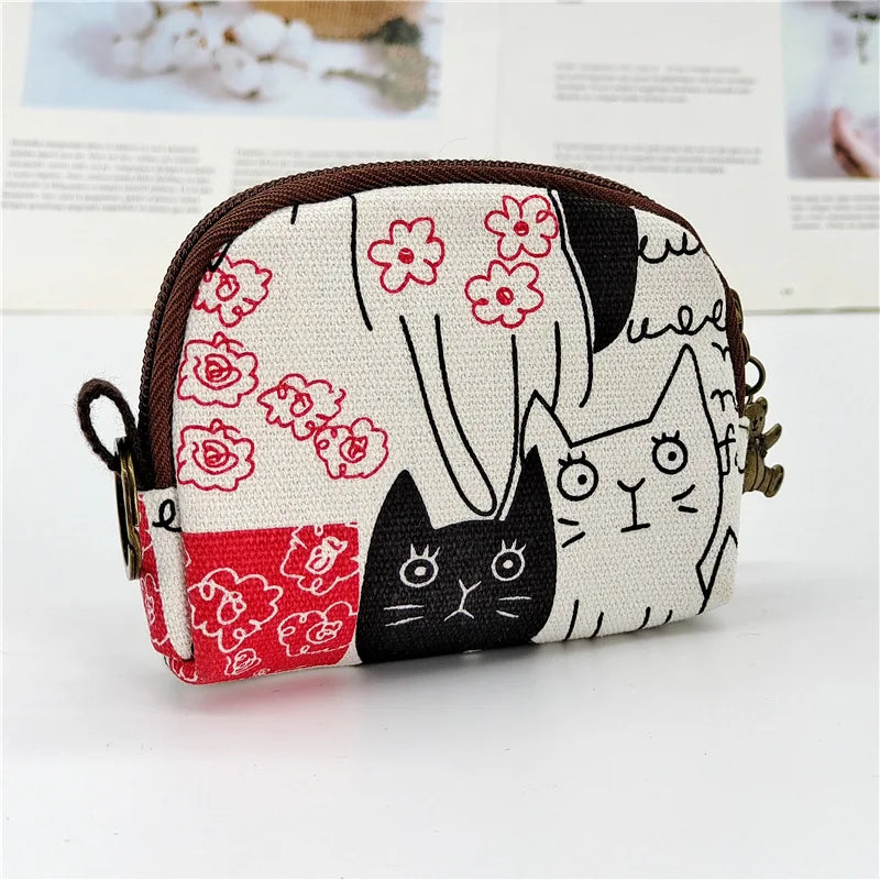 Women's Canvas Cartoon Prints Keychain Wallet Small Card Organizer Key Pouch Ladies Money Bag Coin Purse for Children Girls Boys