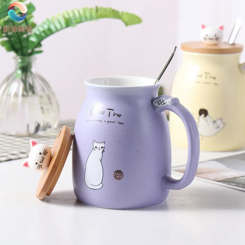 Cute Cartoon Ceramic Cup Japanese Coffee Mug with Wooden Lid and Spoon Iced Yogurt Smoothie Juice Cup Heat-resistant Water Mug