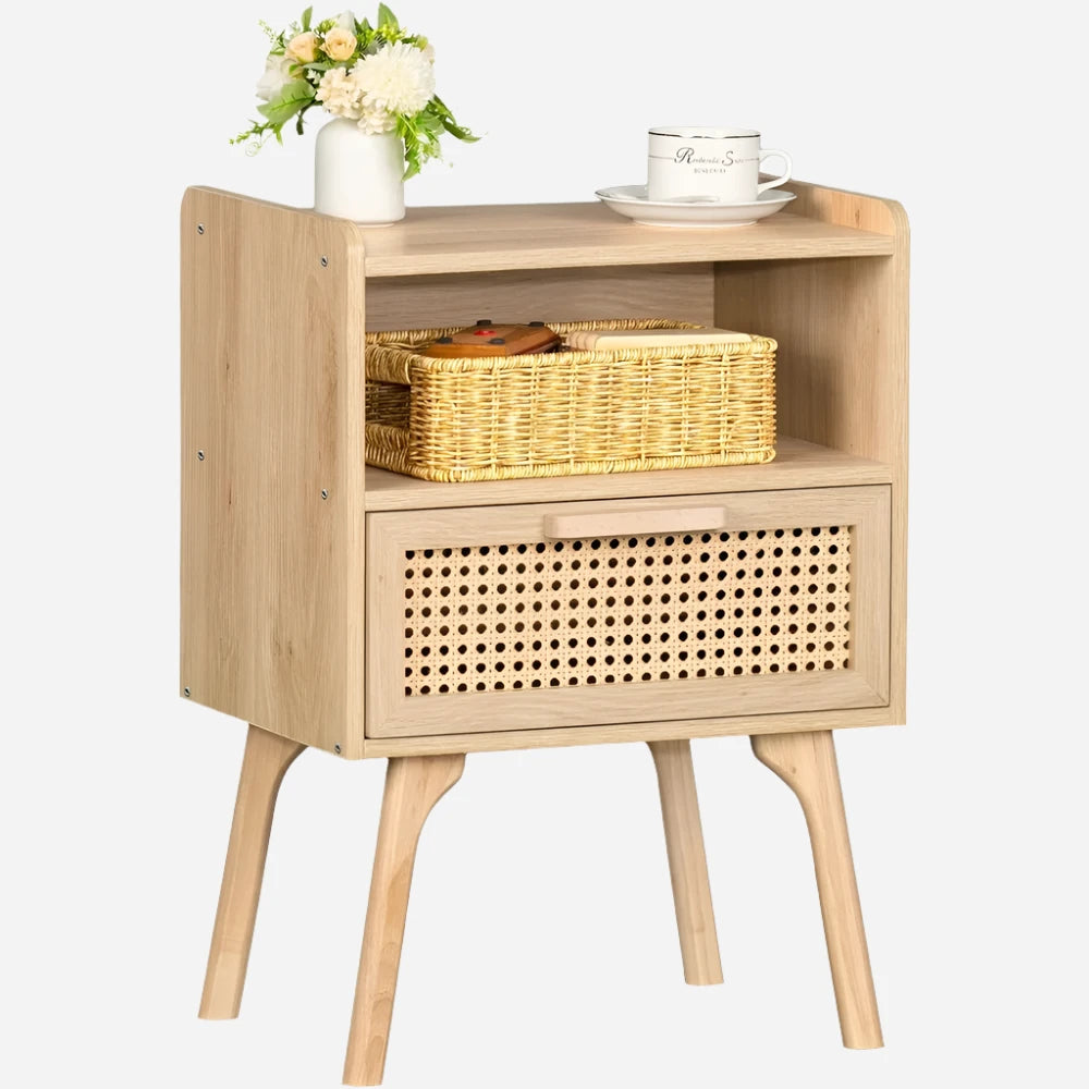 Rattan Nightstands with Wood Legs