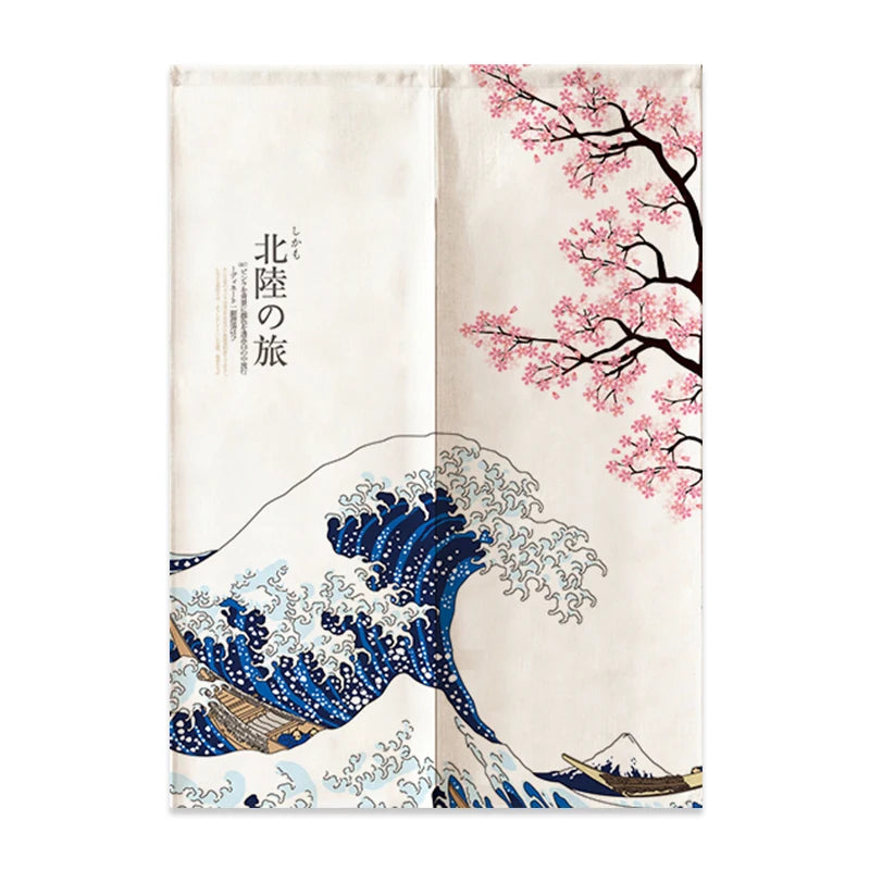 Japanese Linen Door Curtain Noren Mount Fuji Waves Partition Bedroom Kitchen Home Entrance Decor Customizable Half-Curtain