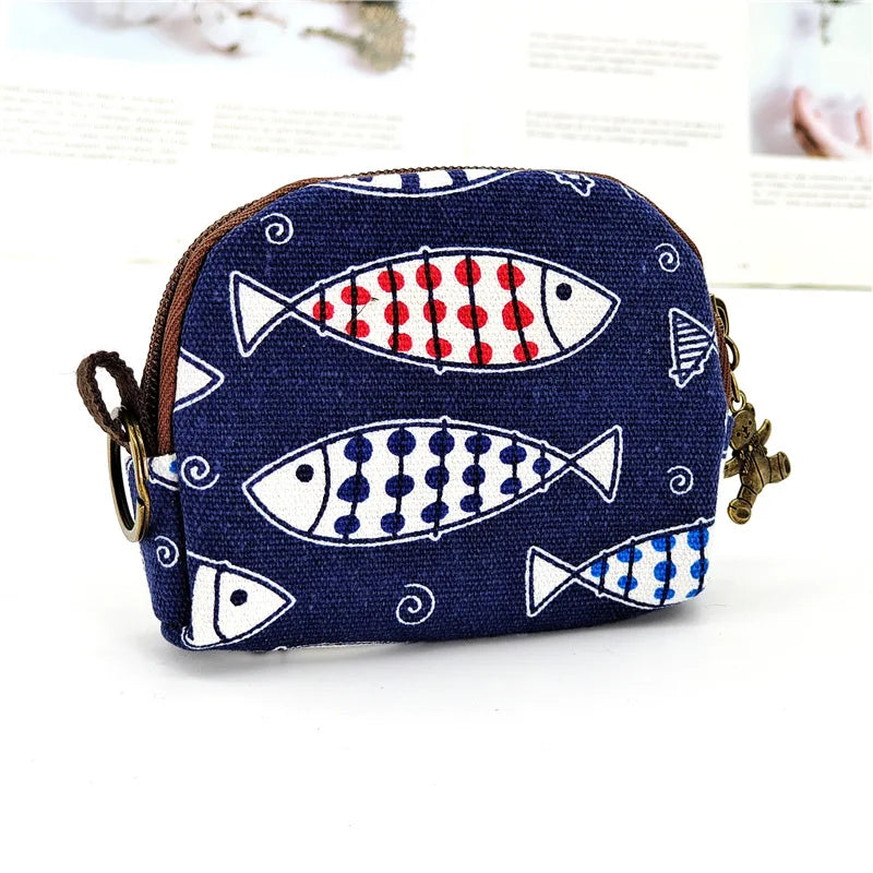 Women's Canvas Cartoon Prints Keychain Wallet Small Card Organizer Key Pouch Ladies Money Bag Coin Purse for Children Girls Boys