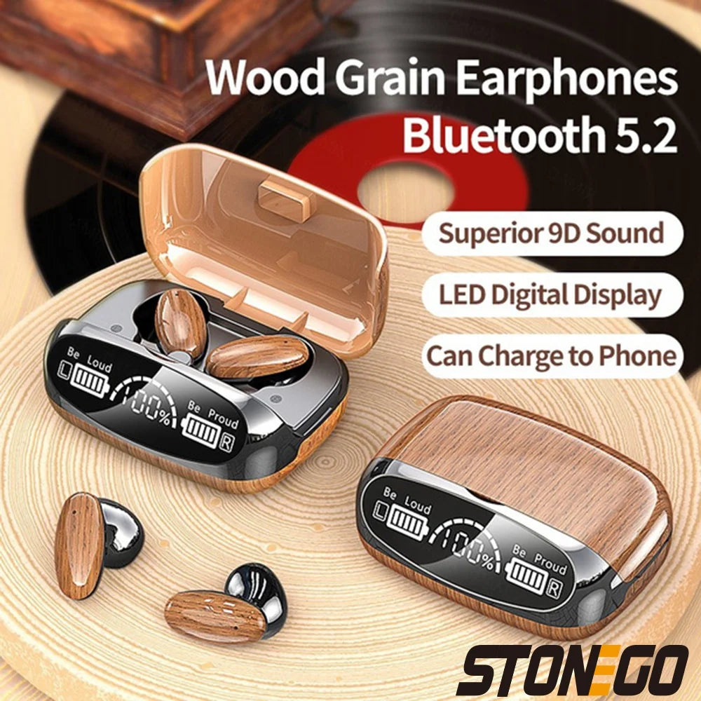 STONEGO TWS Wireless Bluetooth 5.2 Wood Grain Sport Headphones HD Mirror LED Display Touch Stereo Headset