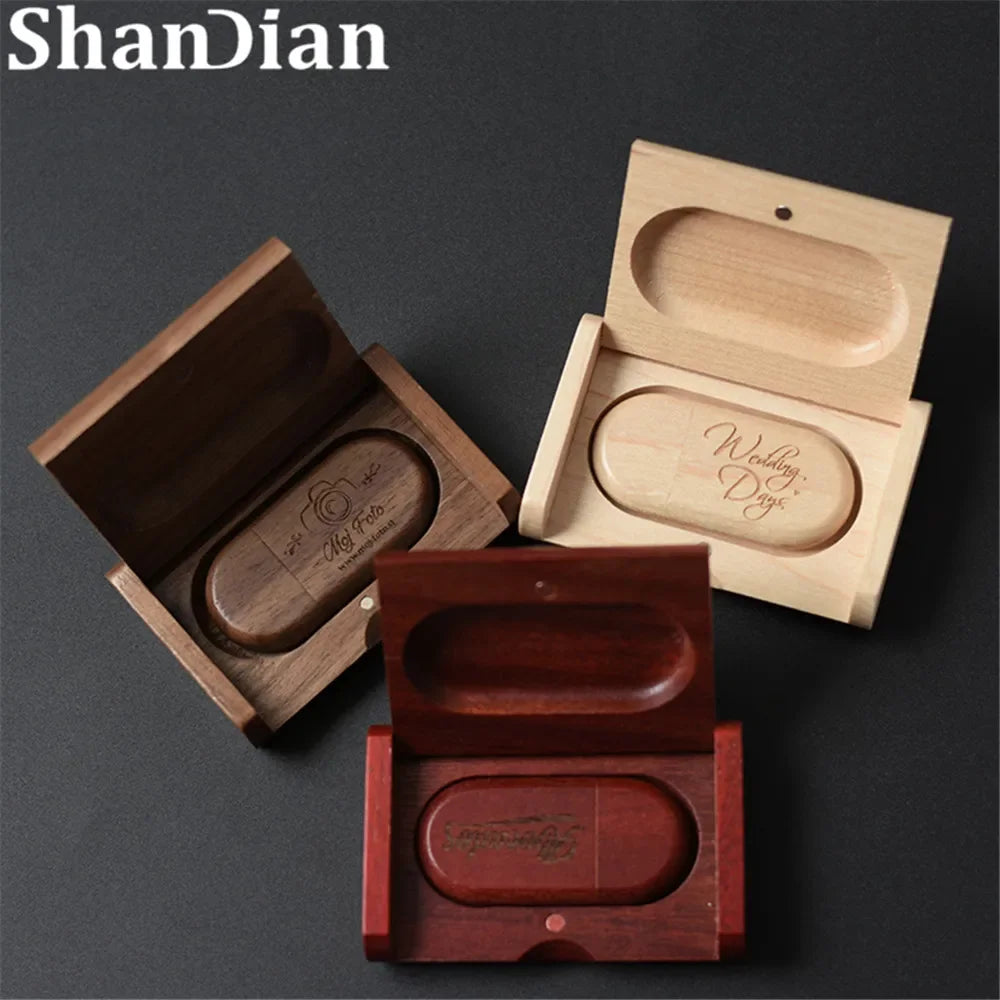 SHANDIAN Free LOGO Wooden + Box USB 2.0 Pen drive 4GB 16GB 32GB 64GB Flash Drive Memory stick wedding Photography Gift U Disk