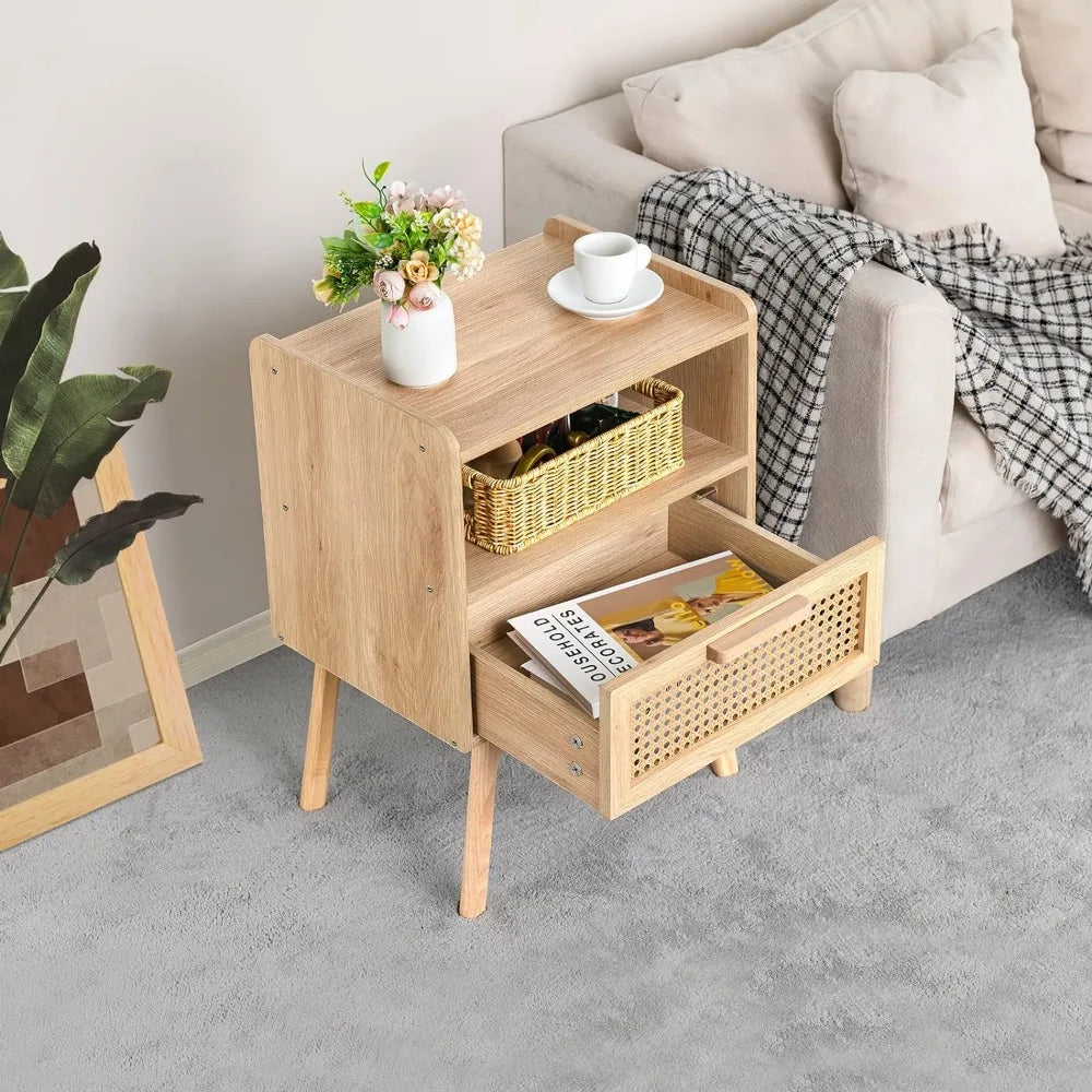 Rattan Nightstands with Wood Legs