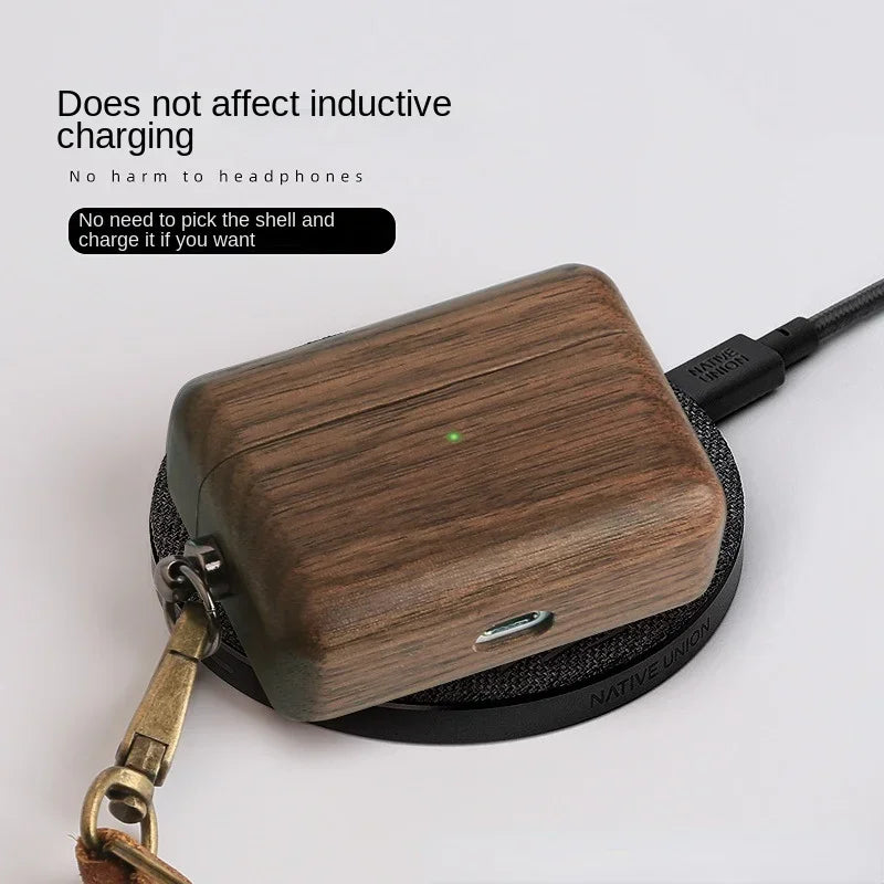 Luxury Solid Wood Earphone Case For AirPods Pro 2 Protective Cover For AirPods 1/2/3/4 Gen Shell+Wrist Strap Cowhide Lanyard