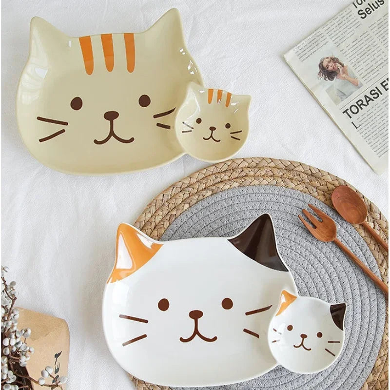 Ceramic Grid Plate Korean Cartoon Creative Cat Shape Snack Plate Tableware Kids Breakfast Plate Dumpling Dish Kitchen Supplies