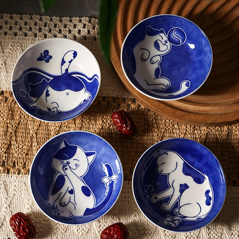 New Shallow/Deep Cat Sauce Dish Set Of 4pcs Ceramic Soy Sauce Seasoning Household Dip Dish  Sushi Sauce Snack Dish Tableware