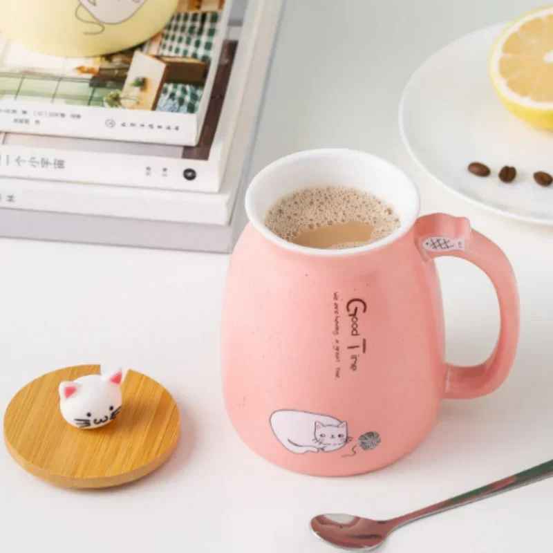 Cute Cartoon Ceramic Cup Japanese Coffee Mug with Wooden Lid and Spoon Iced Yogurt Smoothie Juice Cup Heat-resistant Water Mug