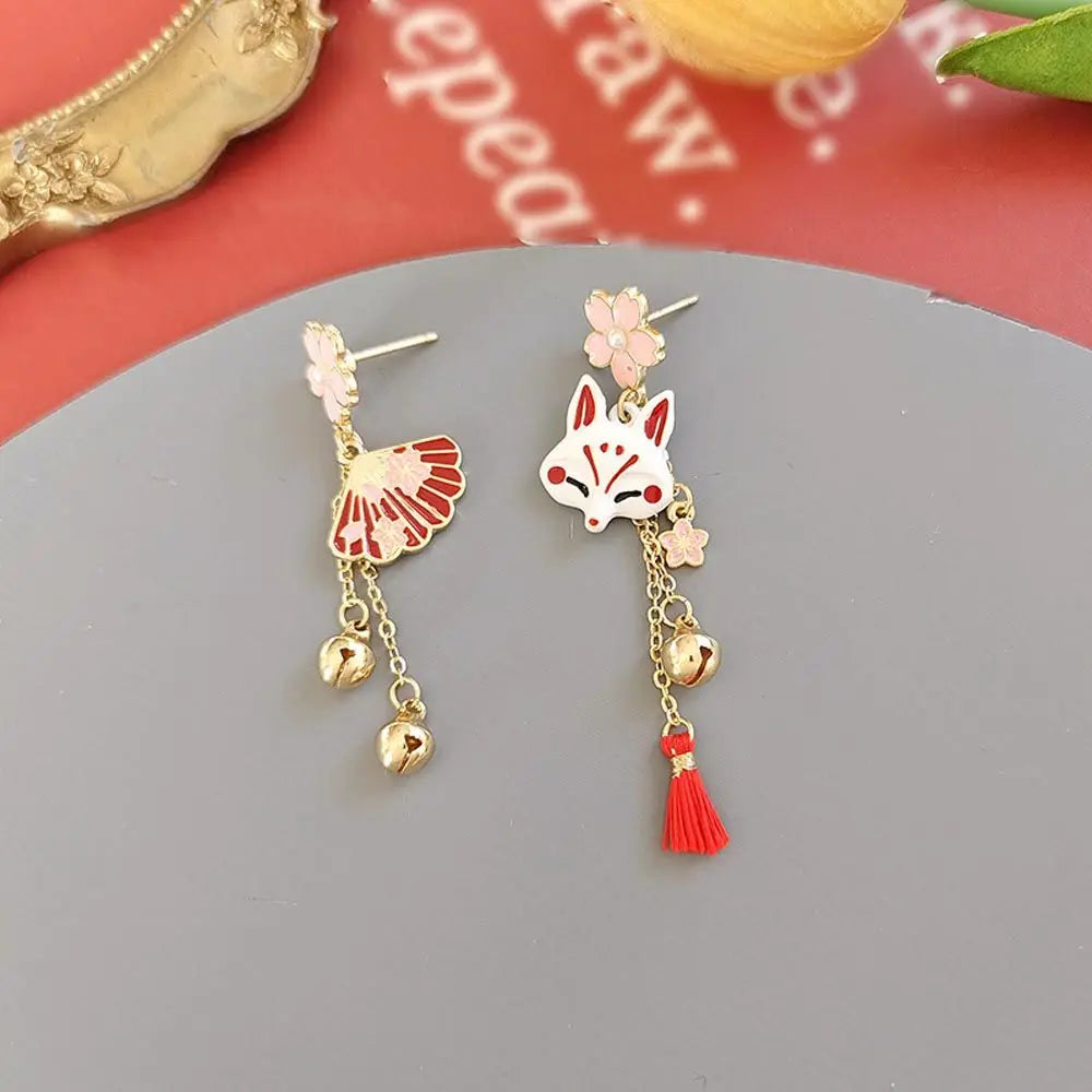 Women Japanese Sakura Flower Tassel Pendent Earrings Cute Asymmetrical Animal Dangle Drop Earrings