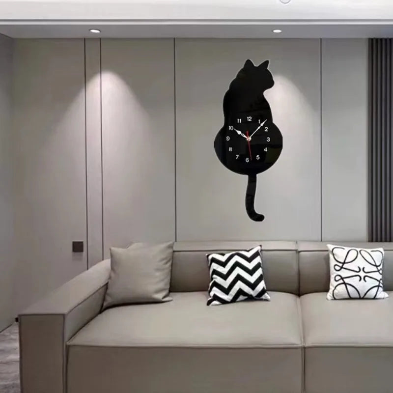 Swinging Cat Wall Clock Modern Simple Wagging Tail Creative Silent Home Decoration Clock Living Room Home Pendulum Clock-Black