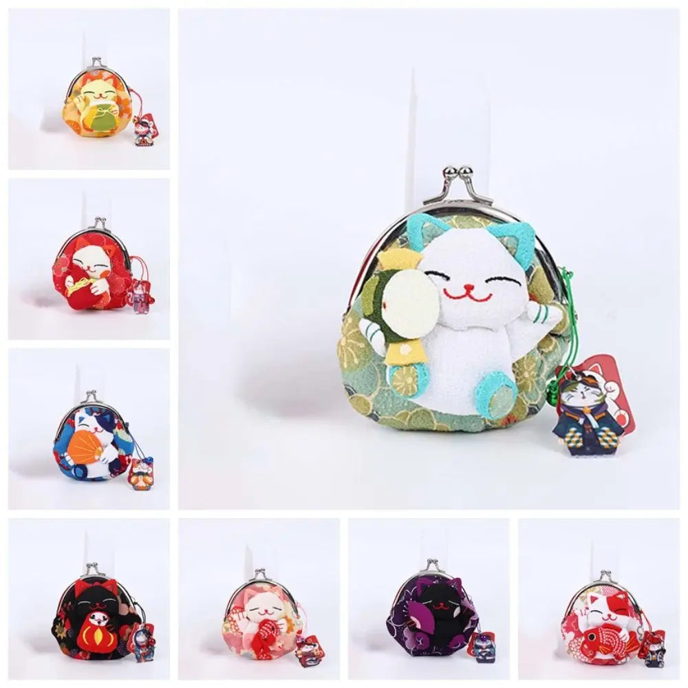 Cute Children's Purse Handmade Flower Printing Japanese Lucky Cat Coin Purse Girl Travel Outdoor Fashion Design Birthday Gift