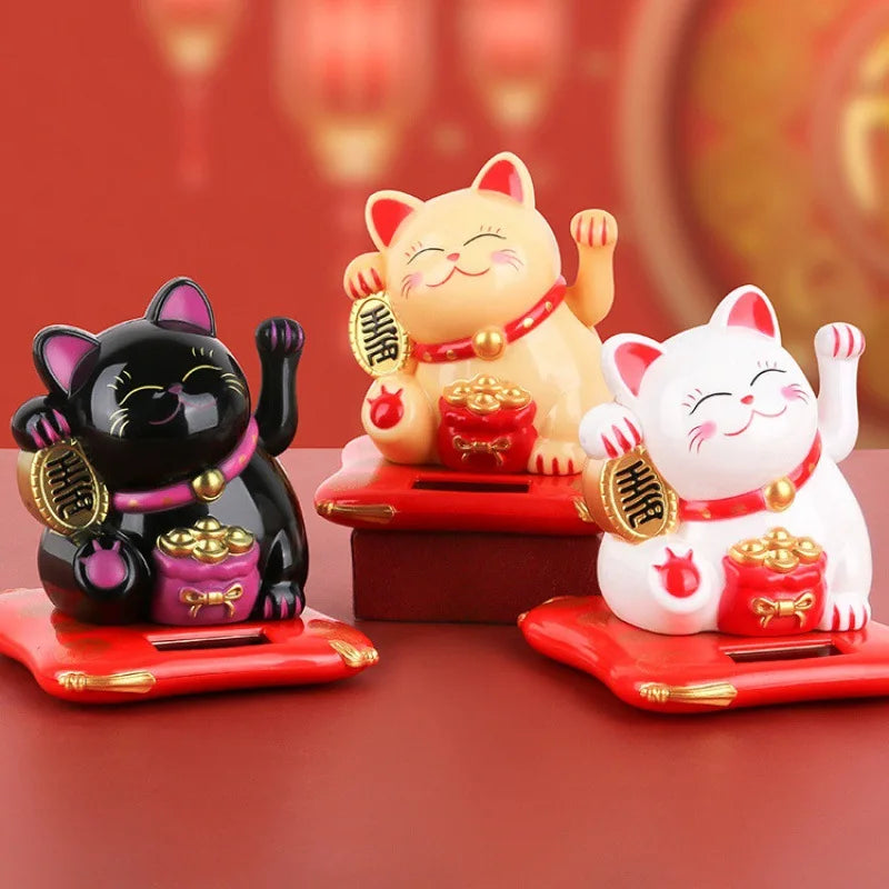 1pc Lucky Cat Solar Powered Maneki Neko Hand Waving Fortune Cat Figurines Home Office Car Holiday Seasonal New Year Decor