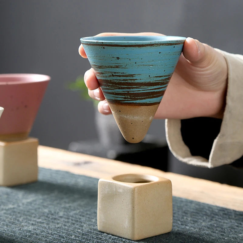 1pc Retro Japanese Triangular Cone Shape Pottery Tea Coffee Cup Pull Ceramic Mug Rough Latte Porcelain Cup For Home Office