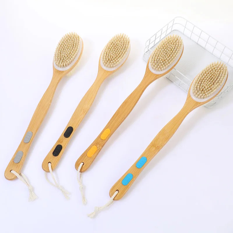 Shower brush with soft and hard bristles, double sided long handle, back scrub body exfoliator, suitable for both wet and dry us