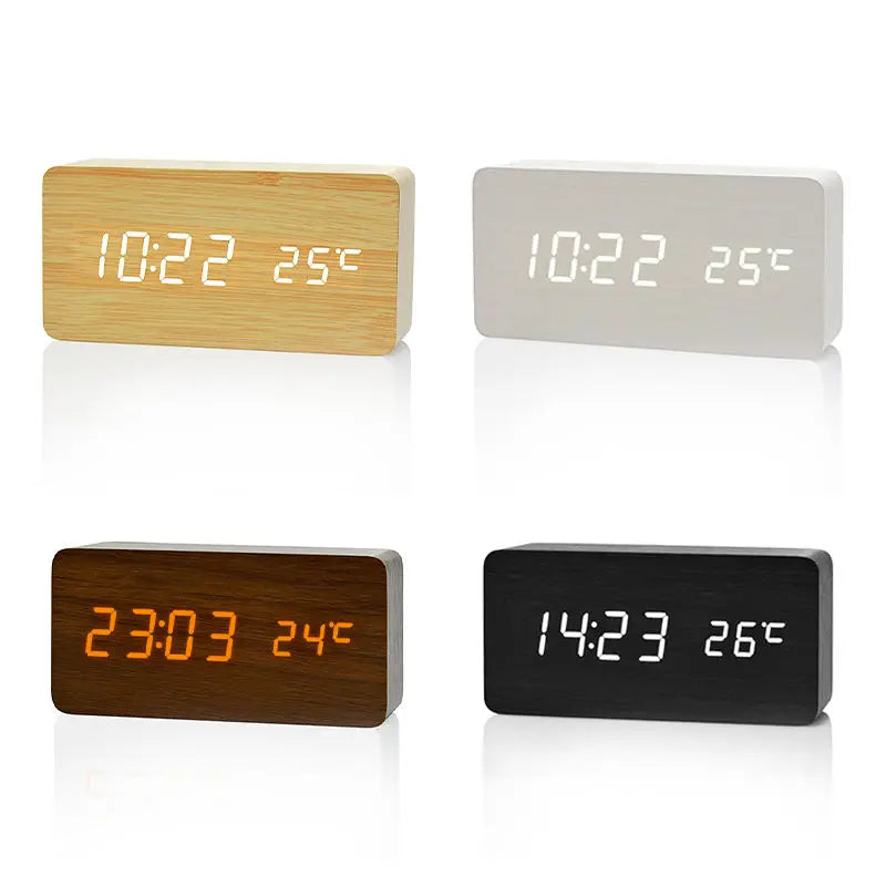 Digital Alarm Clock Wooden LED Table Clock with Temperature for Bedroom Office Travel Desk Decorations