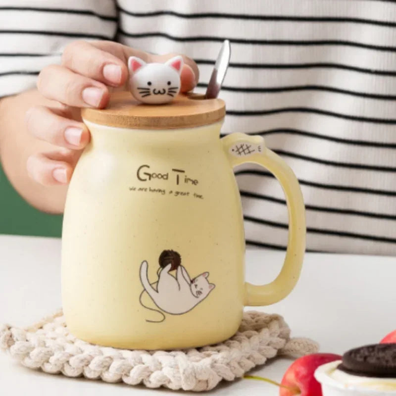 Cute Cartoon Ceramic Cup Japanese Coffee Mug with Wooden Lid and Spoon Iced Yogurt Smoothie Juice Cup Heat-resistant Water Mug